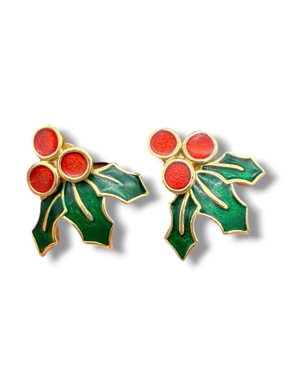 Vintage Ear Jackets- Gold-Tone Green & Red Enamel Holly Leaf Pierced Earrings